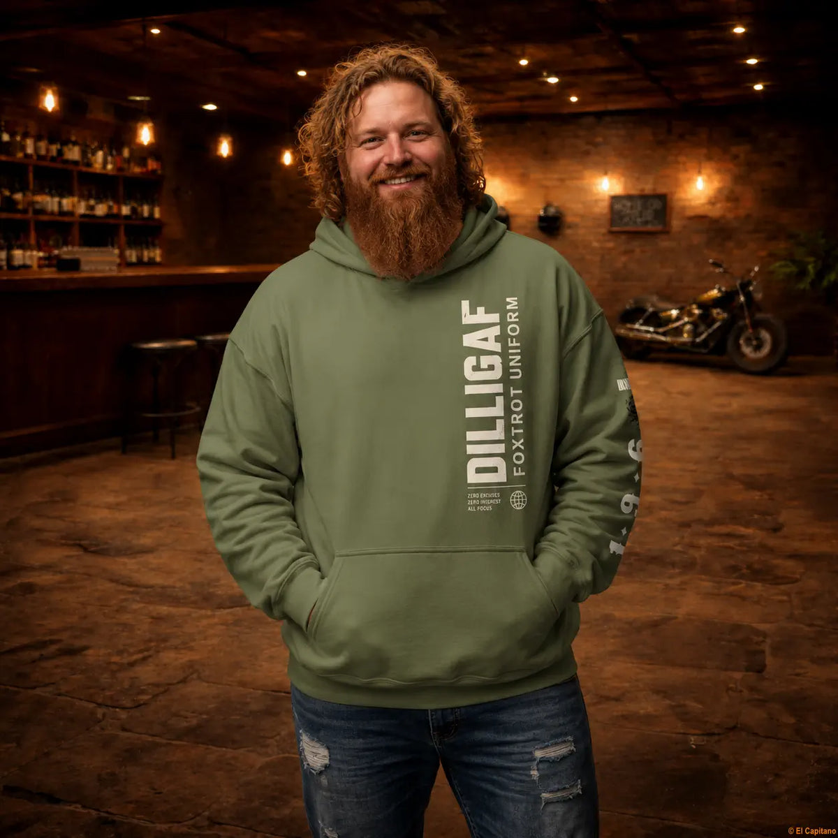 DILLIFU Hoodie - Caballeros – Military Green – military-green_dilligaffu_front_mann – El Capitano