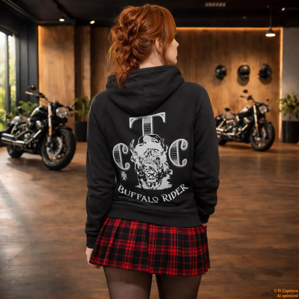 CTC Buffalo Rider Zip Hoodie – Señoras – – schwarzbackhalbbuffalobikerfrau – El Capitano