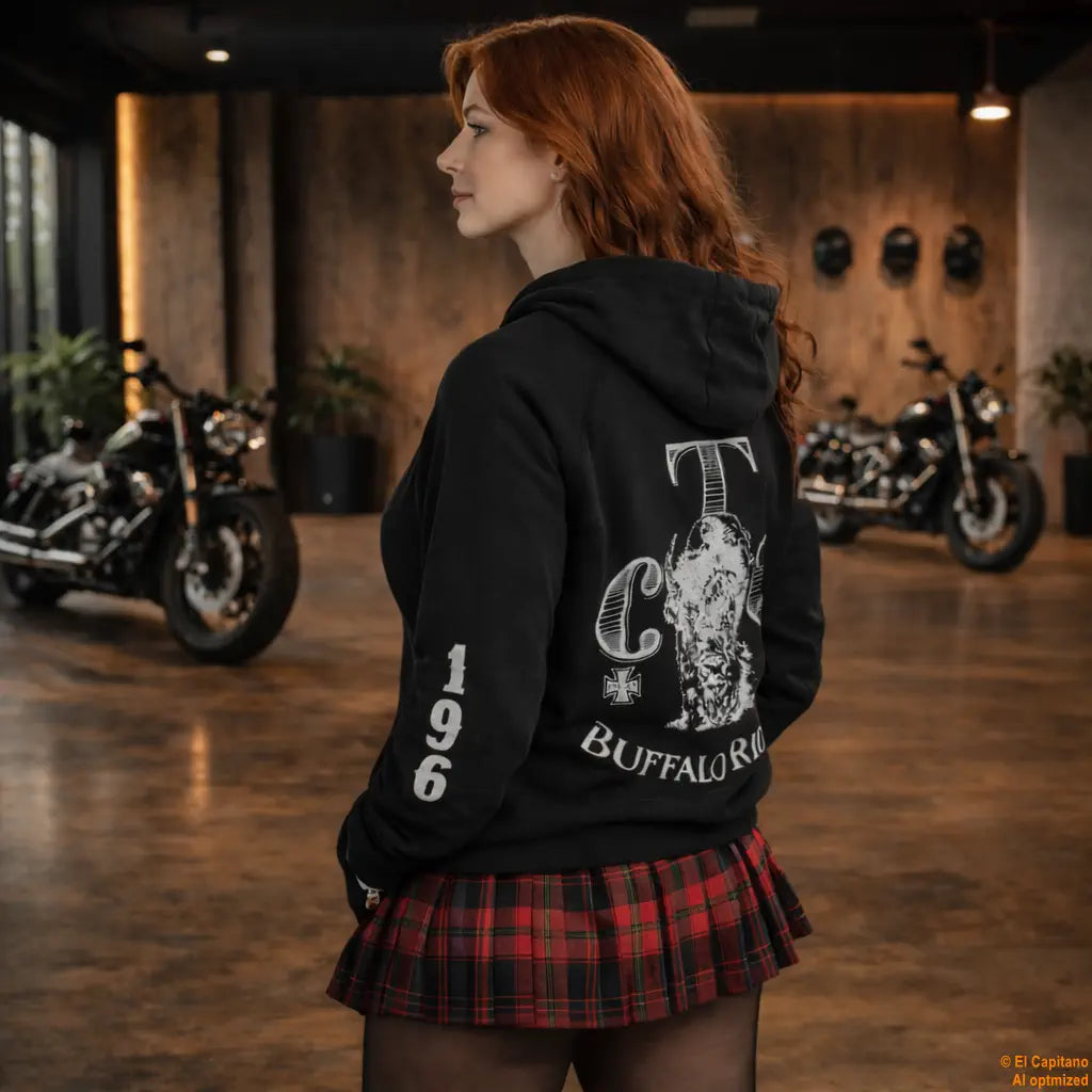 CTC Buffalo Rider Zip Hoodie – Señoras – – schwarzlinksthalbbuffalobikerfrau – El Capitano
